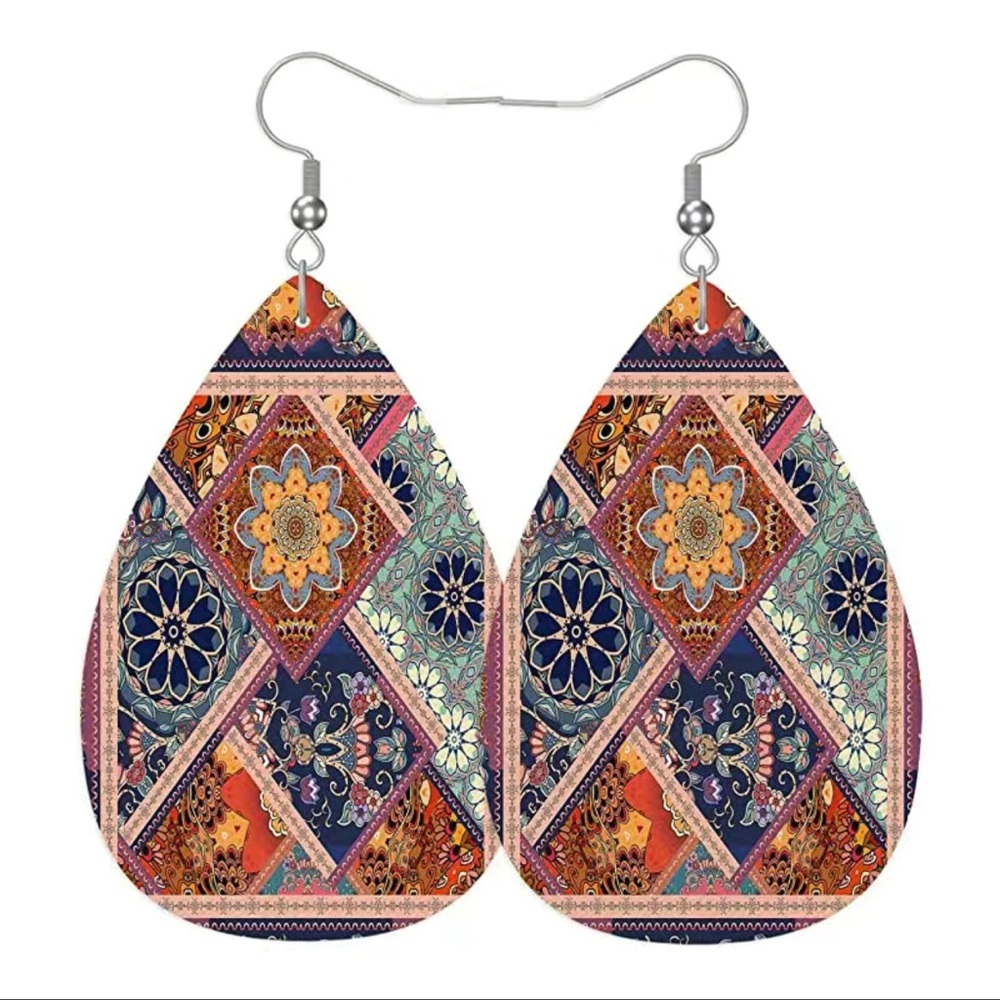 NEW Boho Multicolor Faux Leather Earrings Flowers Silvertone Fish Hooks Earrings